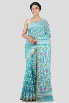 PinkLoom Women's aqua blue hand woven jamdani-sarees Without Blouse