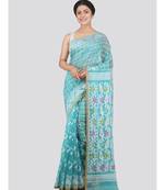 Pinkloom Women'S Aqua Blue Hand Woven Jamdani-Sarees Without Blouse