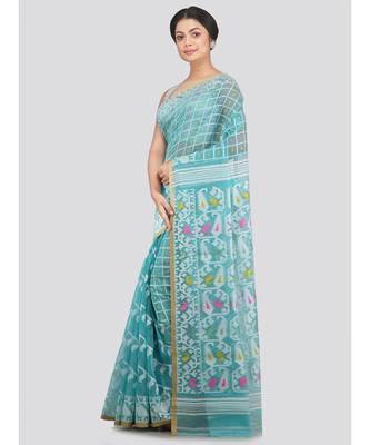 Pinkloom Women'S Aqua Blue Hand Woven Jamdani-Sarees Without Blouse 2