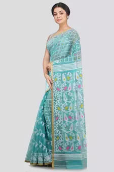 Pinkloom Women'S Aqua Blue Hand Woven Jamdani-Sarees Without Blouse