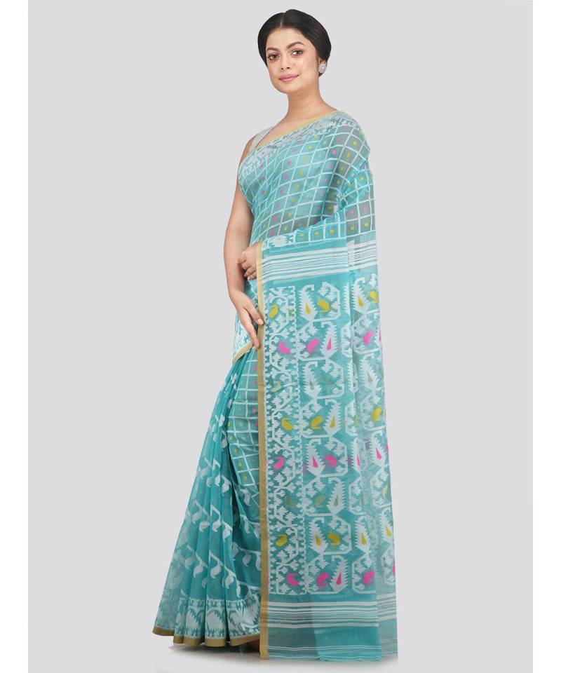 Pinkloom Women'S Aqua Blue Hand Woven Jamdani-Sarees Without Blouse