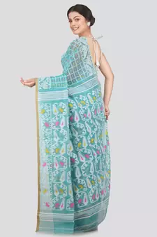 Pinkloom Women'S Aqua Blue Hand Woven Jamdani-Sarees Without Blouse