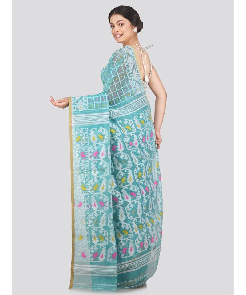 Pinkloom Women'S Aqua Blue Hand Woven Jamdani-Sarees Without Blouse
