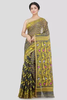 Pinkloom Women'S Grey Hand Woven Jamdani-Sarees Without Blouse