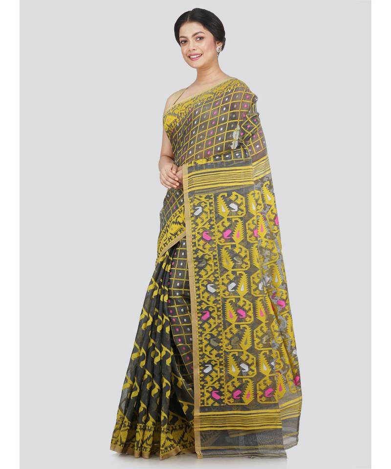 Pinkloom Women'S Grey Hand Woven Jamdani-Sarees Without Blouse