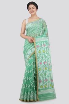 Pinkloom Women'S Green Hand Woven Jamdani-Sarees Without Blouse