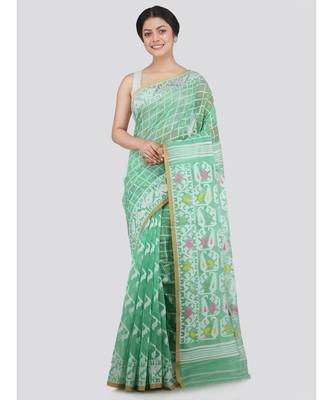 Pinkloom Women'S Green Hand Woven Jamdani-Sarees Without Blouse 1