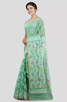 Pinkloom Women'S Green Hand Woven Jamdani-Sarees Without Blouse