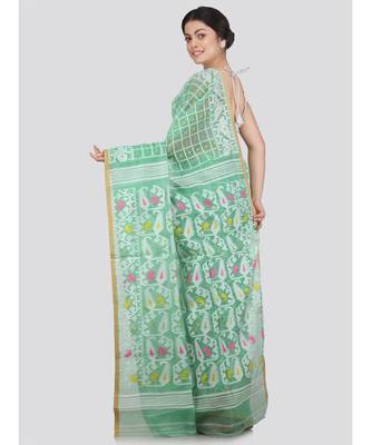 Pinkloom Women'S Green Hand Woven Jamdani-Sarees Without Blouse 3