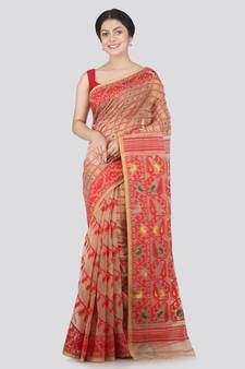 Pinkloom Women'S Beige Hand Woven Jamdani-Sarees Without Blouse