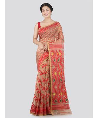 Pinkloom Women'S Beige Hand Woven Jamdani-Sarees Without Blouse 1
