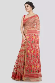 Pinkloom Women'S Beige Hand Woven Jamdani-Sarees Without Blouse