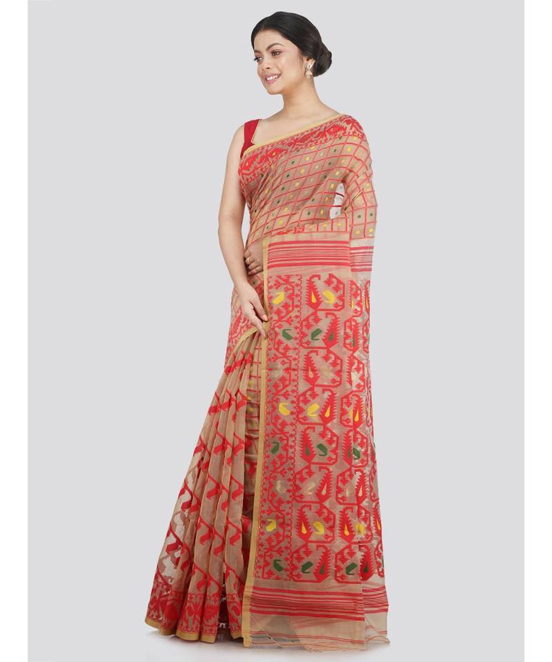 Pinkloom Women'S Beige Hand Woven Jamdani-Sarees Without Blouse