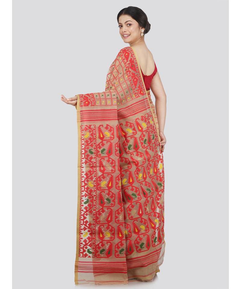 Pinkloom Women'S Beige Hand Woven Jamdani-Sarees Without Blouse