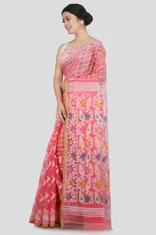Pinkloom Women'S Pink Hand Woven Jamdani-Sarees Without Blouse