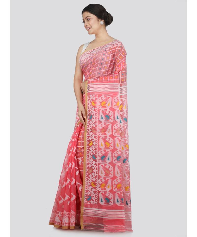 Pinkloom Women'S Pink Hand Woven Jamdani-Sarees Without Blouse