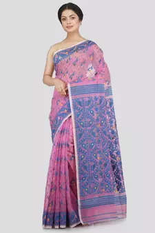 PinkLoom Women's pink hand woven jamdani-sarees Without Blouse