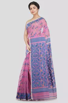 Pinkloom Women'S Pink Hand Woven Jamdani-Sarees Without Blouse