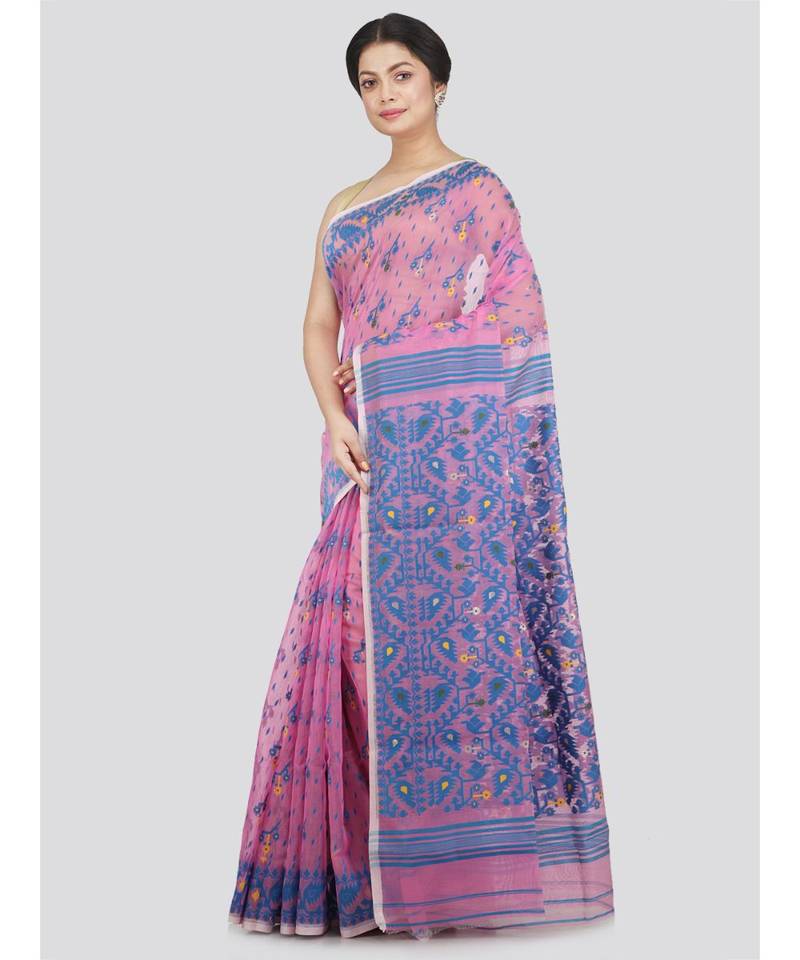 Pinkloom Women'S Pink Hand Woven Jamdani-Sarees Without Blouse