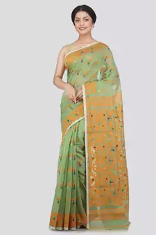 Pinkloom Women'S Green Hand Woven Jamdani-Sarees Without Blouse
