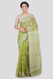 Pinkloom Women'S Green Hand Woven Jamdani-Sarees Without Blouse