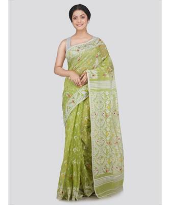 Pinkloom Women'S Green Hand Woven Jamdani-Sarees Without Blouse 1