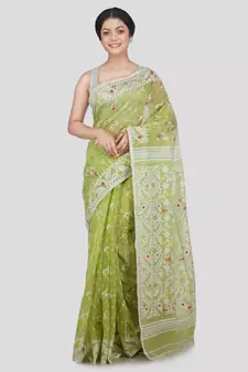 Pinkloom Women'S Green Hand Woven Jamdani-Sarees Without Blouse