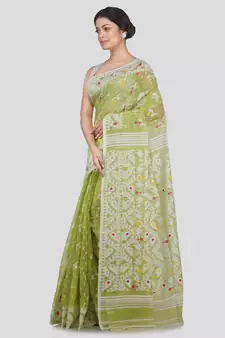 Pinkloom Women'S Green Hand Woven Jamdani-Sarees Without Blouse
