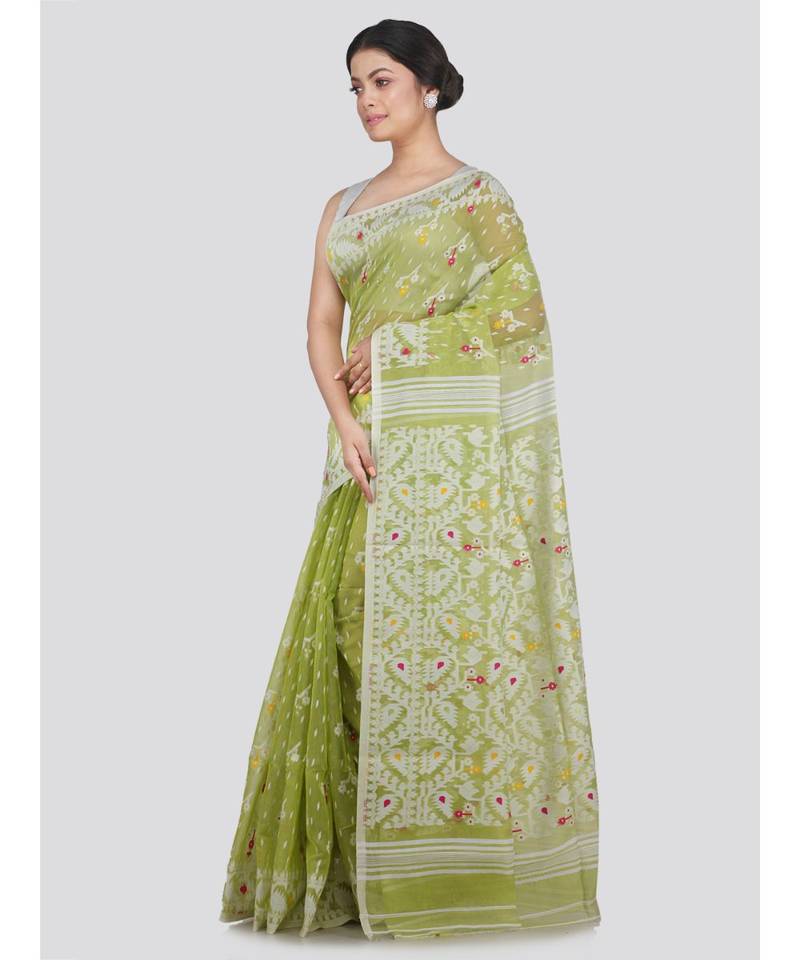 Pinkloom Women'S Green Hand Woven Jamdani-Sarees Without Blouse