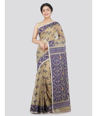 Pinkloom Women'S Beige Hand Woven Jamdani-Sarees Without Blouse 1