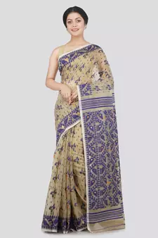Pinkloom Women'S Beige Hand Woven Jamdani-Sarees Without Blouse