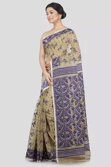 Pinkloom Women'S Beige Hand Woven Jamdani-Sarees Without Blouse