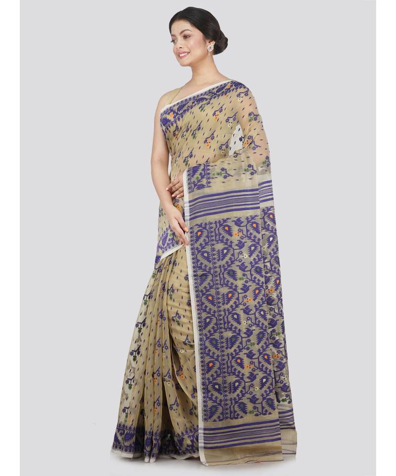Pinkloom Women'S Beige Hand Woven Jamdani-Sarees Without Blouse