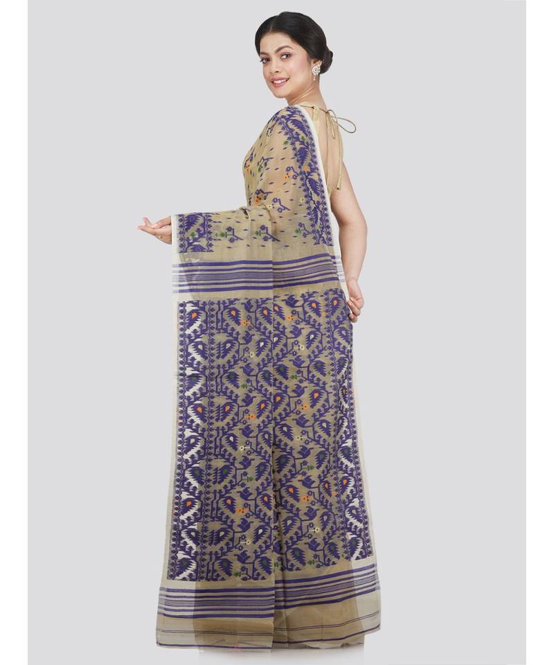 Pinkloom Women'S Beige Hand Woven Jamdani-Sarees Without Blouse