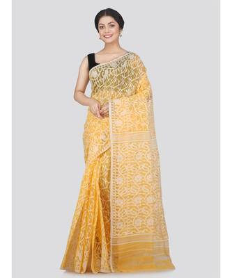 Pinkloom Women'S Yellow Hand Woven Jamdani-Sarees Without Blouse 1