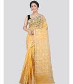 Pinkloom Women'S Yellow Hand Woven Jamdani-Sarees Without Blouse