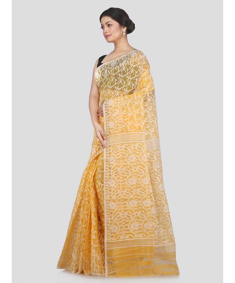 Pinkloom Women'S Yellow Hand Woven Jamdani-Sarees Without Blouse