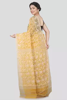 Pinkloom Women'S Yellow Hand Woven Jamdani-Sarees Without Blouse