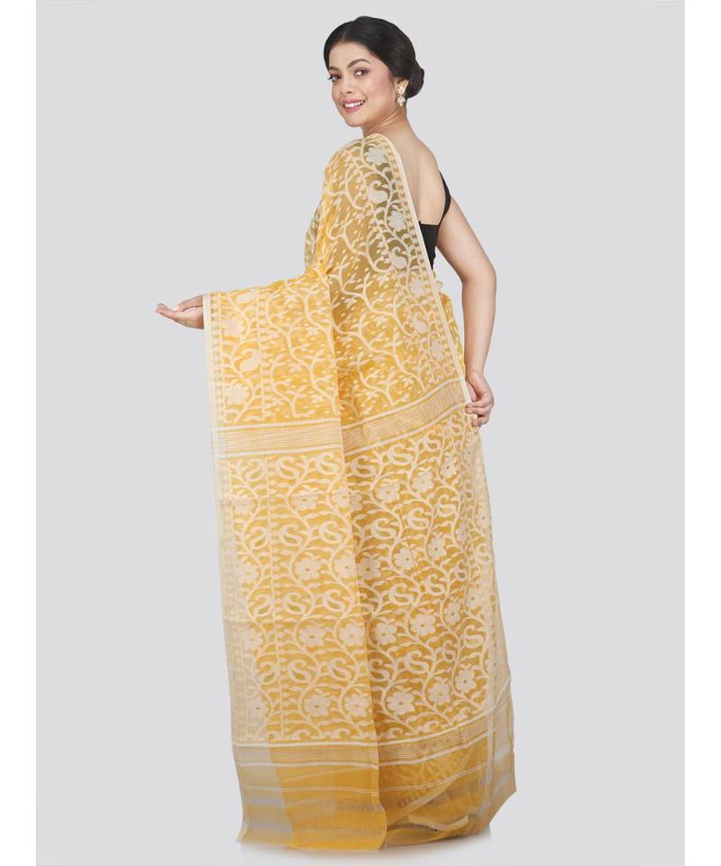 Pinkloom Women'S Yellow Hand Woven Jamdani-Sarees Without Blouse