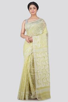 Pinkloom Women'S Yellow Hand Woven Jamdani-Sarees Without Blouse