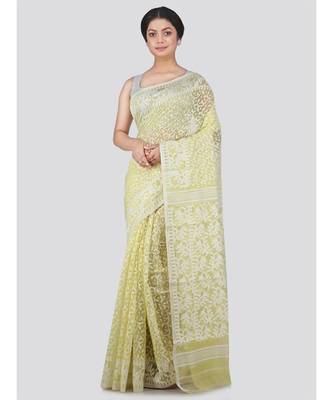 Pinkloom Women'S Yellow Hand Woven Jamdani-Sarees Without Blouse 1