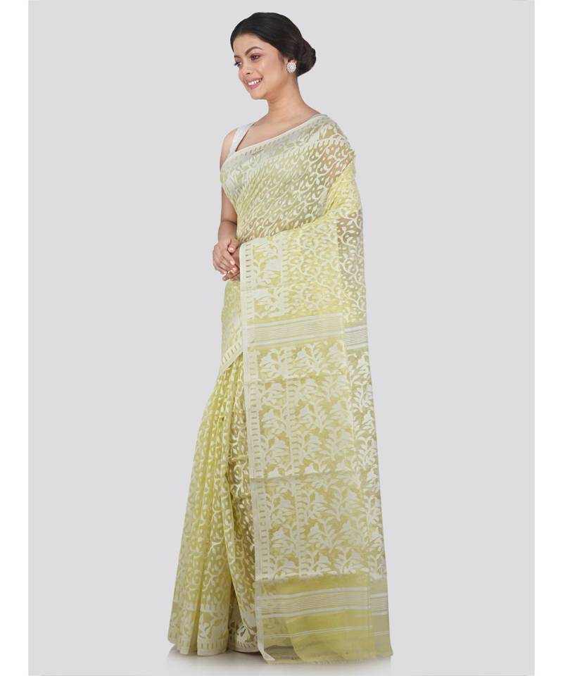Pinkloom Women'S Yellow Hand Woven Jamdani-Sarees Without Blouse