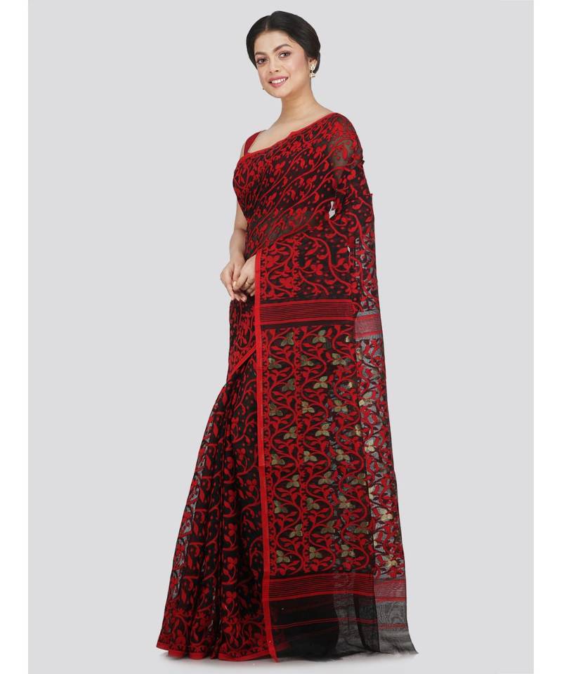 PinkLoom Women's black hand woven jamdani-sarees Without Blouse