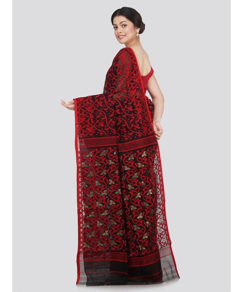 PinkLoom Women's black hand woven jamdani-sarees Without Blouse