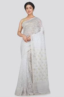 Pinkloom Women'S White Hand Woven Jamdani-Sarees Without Blouse