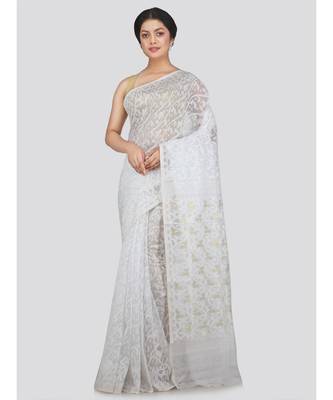 Pinkloom Women'S White Hand Woven Jamdani-Sarees Without Blouse 1