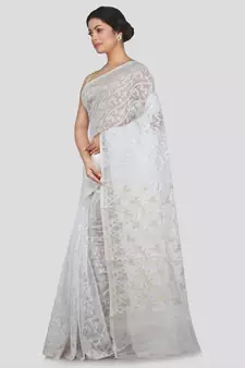 Pinkloom Women'S White Hand Woven Jamdani-Sarees Without Blouse