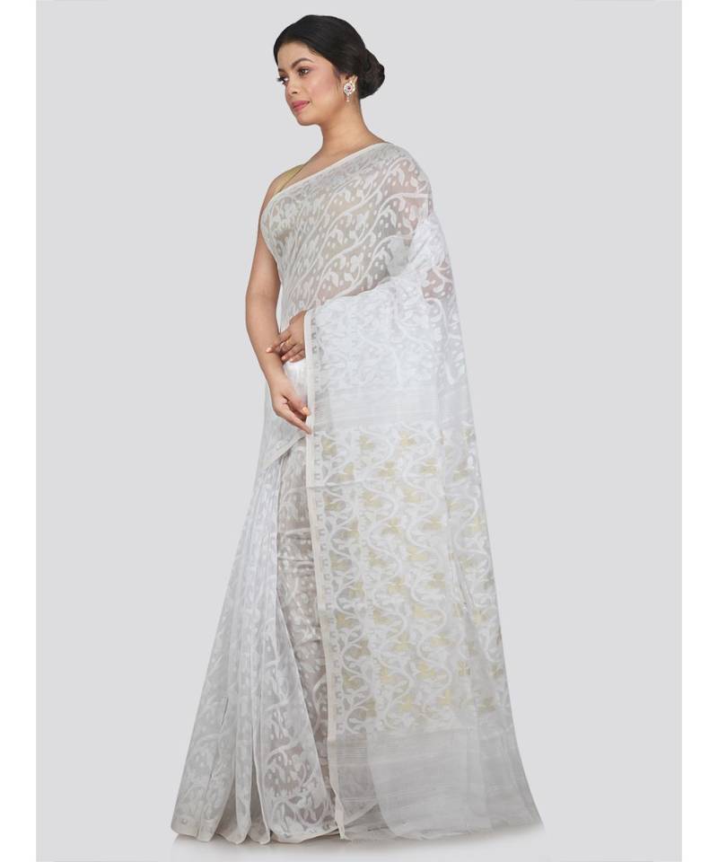 Pinkloom Women'S White Hand Woven Jamdani-Sarees Without Blouse