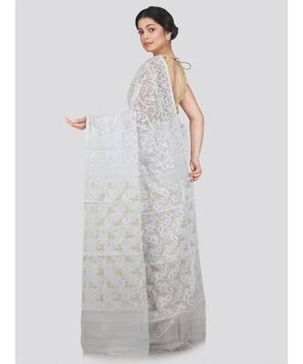 Pinkloom Women'S White Hand Woven Jamdani-Sarees Without Blouse 3