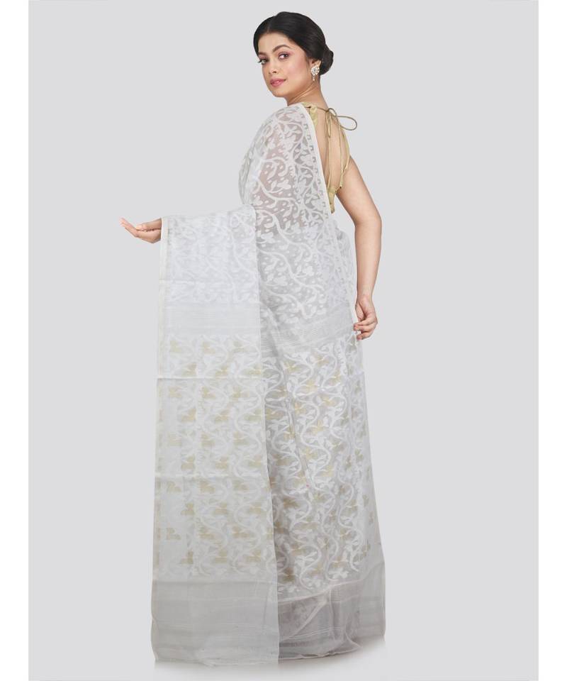 Pinkloom Women'S White Hand Woven Jamdani-Sarees Without Blouse
